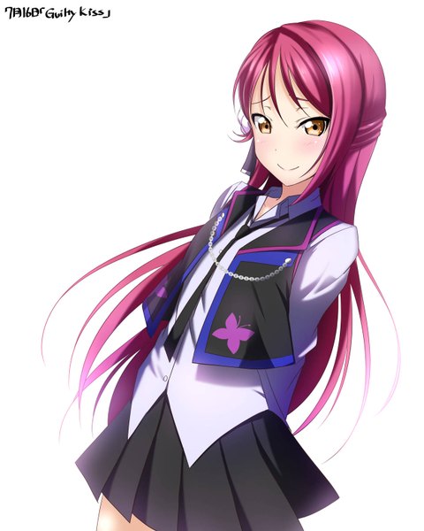 Anime picture 1240x1550 with love live! sunshine!! sunrise (studio) love live! sakurauchi riko yu-ta single long hair tall image looking at viewer blush fringe simple background hair between eyes standing white background yellow eyes red hair pleated skirt light smile hands behind back