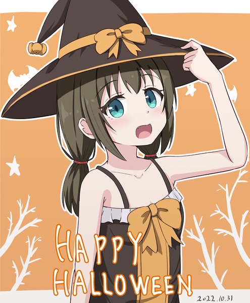 Anime picture 1671x2026 with original hippo (hirople) single long hair tall image looking at viewer open mouth simple background brown hair twintails bare shoulders aqua eyes sleeveless low twintails dated flat chest halloween orange background outline happy halloween