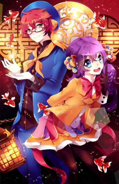 Anime picture 776x1200 with original squchan long hair tall image blush short hair open mouth blue eyes smile purple hair red hair sparkle orange eyes girl boy gloves hair ornament animal pantyhose black gloves