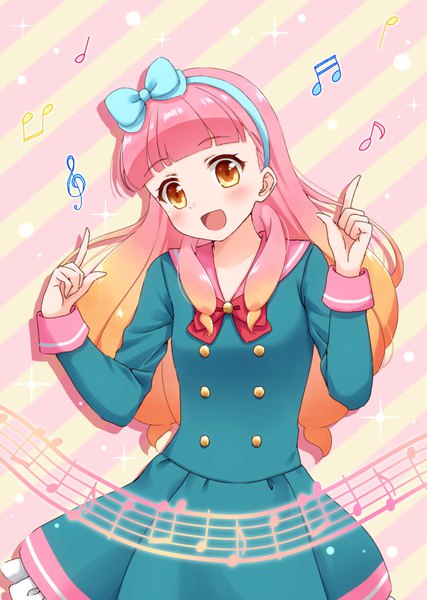 Anime picture 696x978 with aikatsu! aikatsu friends! yuuki aine hoshino kagari single long hair tall image looking at viewer blush fringe open mouth yellow eyes pink hair blunt bangs :d sparkle gradient hair double buttons striped background treble clef