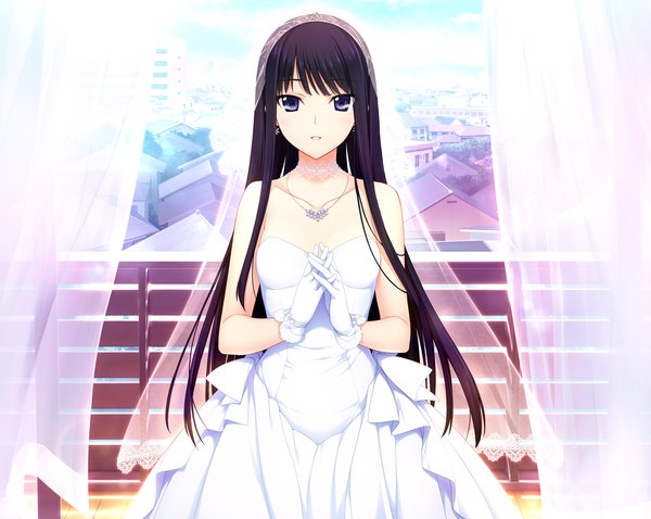 Anime picture 1280x1021 with niizuma lovely x cation isurugi yuki iizuki tasuku single long hair looking at viewer fringe blue eyes black hair bare shoulders payot game cg hands clasped interlocked fingers girl dress gloves choker white gloves white dress