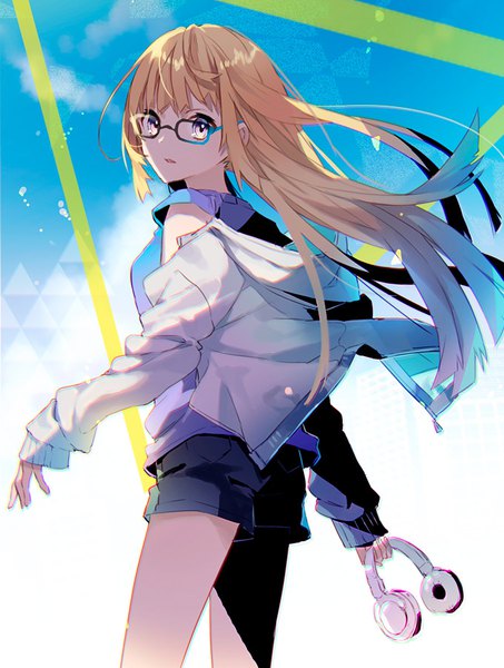 Anime picture 680x900 with original eihi single long hair tall image looking at viewer fringe blonde hair holding yellow eyes wind open jacket girl glasses jacket shorts headphones short shorts