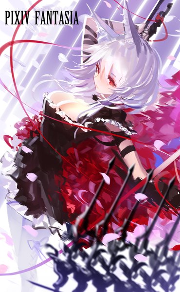 Anime picture 1300x2105 with original pixiv fantasia pixiv fantasia t kinven single tall image looking at viewer fringe short hair breasts red eyes large breasts animal ears silver hair purple hair fox ears fox girl arm behind head girl dress