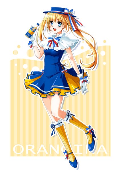 Anime picture 2480x3508 with original orangina takami single long hair tall image highres open mouth blue eyes blonde hair flag print girl dress gloves bow hat socks striped socks