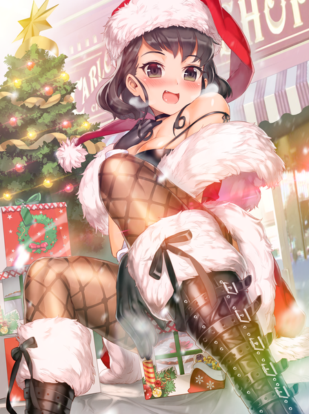 Anime picture 2000x2679 with joker ~gang road~ xil (artist) single tall image looking at viewer blush highres short hair open mouth light erotic black hair brown eyes fur trim christmas girl gloves hat pantyhose black gloves boots