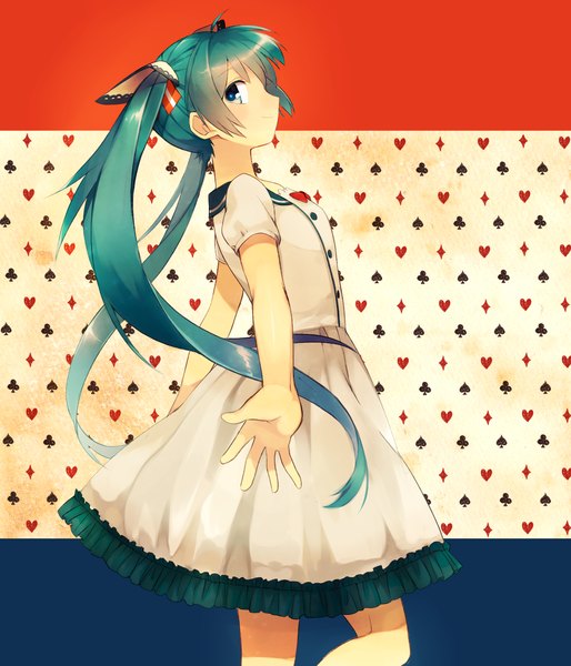 Anime picture 1315x1536 with vocaloid hatsune miku shiorinda single long hair tall image blush smile twintails looking away profile aqua eyes aqua hair spread arms girl dress