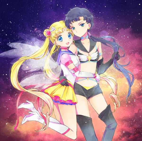 Anime picture 1000x997 with bishoujo senshi sailor moon toei animation tsukino usagi sailor moon seiya kou super sailor moon eternal sailor moon sailor star fighter sami (3a3i3a3i) looking at viewer open mouth blue eyes black hair blonde hair twintails multiple girls green eyes very long hair hug space