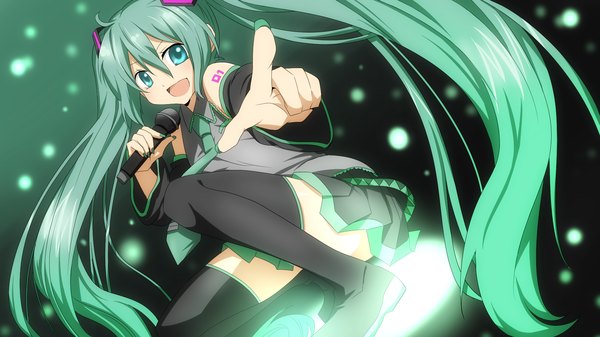 Anime picture 1920x1080 with vocaloid hatsune miku rumia (compacthuman) single highres open mouth wide image twintails very long hair aqua eyes aqua hair pointing girl thighhighs skirt black thighhighs detached sleeves miniskirt microphone