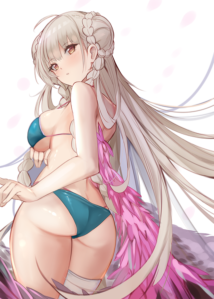 Anime picture 1429x2000 with azur lane formidable (azur lane) formidable (the lady of the beach) (azur lane) mujinbi single long hair tall image looking at viewer blush fringe breasts light erotic simple background hair between eyes standing white background brown eyes ahoge ass braid (braids)