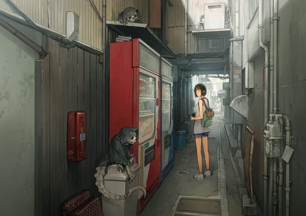 Anime picture 1600x1131 with original yoshida seiji single looking at viewer short hair brown hair standing holding outdoors looking back expressionless scenic skeleton alley girl shoes shorts short shorts bag sneakers