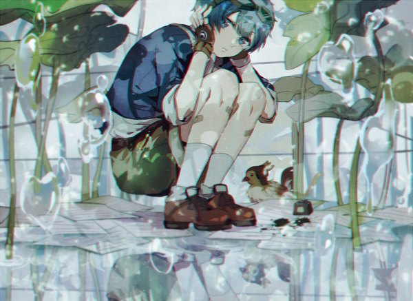 Anime picture 1300x948 with nico nico singer soraru kanose single looking at viewer blue eyes blue hair reflection squat goggles on head bandaid on leg hands on head boy gloves plant (plants) animal socks shorts fingerless gloves white socks