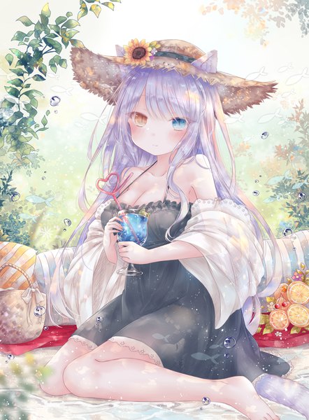 Anime picture 2480x3365 with original yenshin (k5142204) single long hair tall image looking at viewer blush fringe highres breasts blue eyes smile large breasts sitting bare shoulders holding animal ears yellow eyes cleavage silver hair