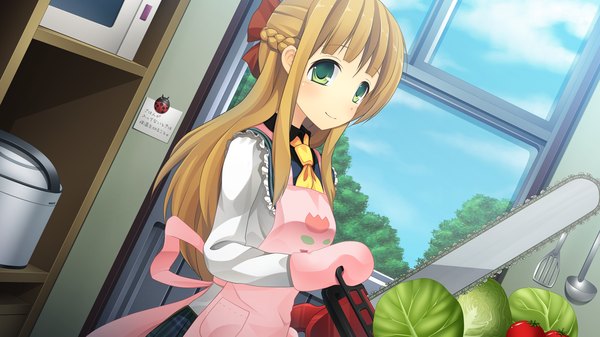Anime picture 1280x720 with natsuiro asagao residence long hair blonde hair wide image green eyes game cg cooking girl apron chainsaw