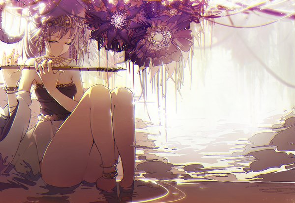 Anime picture 850x586 with original ajahweea single long hair light erotic sitting bare shoulders purple hair eyes closed legs musician girl hair ornament flower (flowers) detached sleeves water bracelet jewelry ring necklace