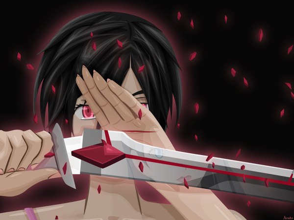 Anime picture 1600x1200 with blood+ production i.g otonashi saya single short hair black hair simple background red eyes injury cuts girl weapon sword blood