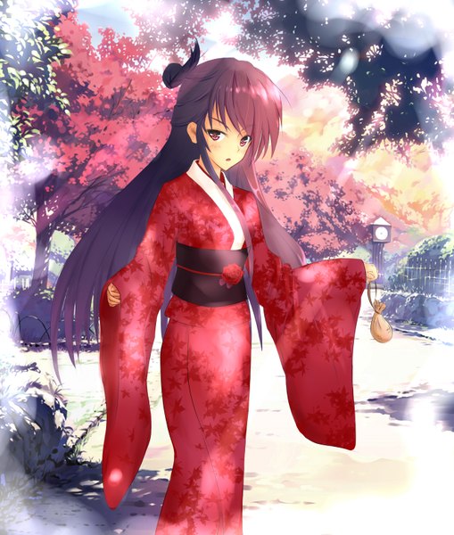 Anime picture 2652x3122 with angel beats! key (studio) ninja shiina phantania single long hair tall image highres black hair red eyes japanese clothes girl plant (plants) tree (trees) kimono obi