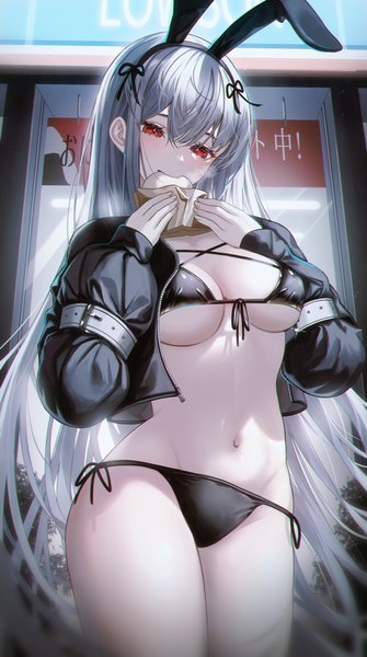 Anime picture 2286x4096 with original noubin single long hair tall image looking at viewer blush fringe highres breasts light erotic hair between eyes red eyes large breasts standing animal ears long sleeves open jacket bunny ears underboob