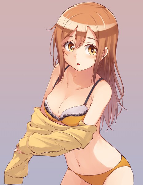 Anime picture 930x1200 with love live! sunshine!! sunrise (studio) love live! kunikida hanamaru nanotsuki single long hair tall image fringe breasts open mouth light erotic simple background hair between eyes brown hair large breasts brown eyes looking away gradient background dressing