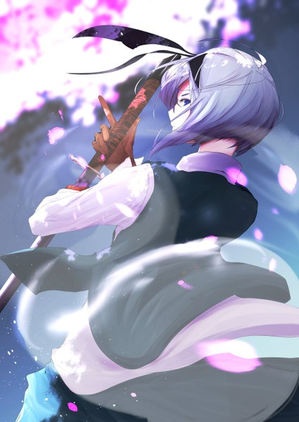 Anime picture 1000x1412 with touhou konpaku youmu myon yugeoryouki single tall image fringe short hair blue eyes holding purple hair ahoge profile wind ghost girl skirt gloves weapon petals