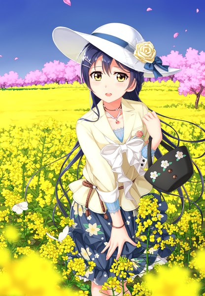 Anime picture 1250x1800 with love live! school idol project sunrise (studio) love live! sonoda umi tucana single long hair tall image looking at viewer blush fringe open mouth hair between eyes yellow eyes blue hair sky outdoors wind cherry blossoms floral print