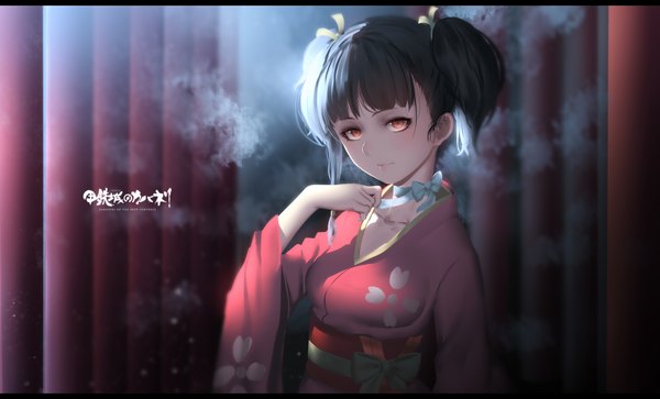 Anime picture 1648x998 with koutetsujou no kabaneri wit studio mumei (kabaneri) hk (hak) single looking at viewer short hair black hair red eyes wide image twintails traditional clothes japanese clothes short twintails girl ribbon (ribbons) kimono obi