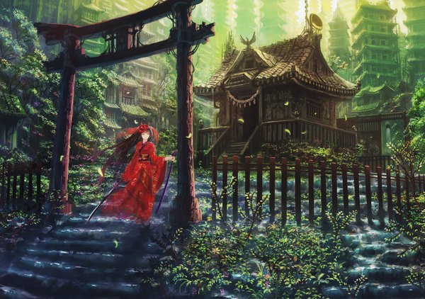 Anime picture 4983x3509 with original denki single long hair highres black hair red eyes absurdres traditional clothes japanese clothes scan girl weapon plant (plants) sword tree (trees) kimono katana leaf (leaves) obi