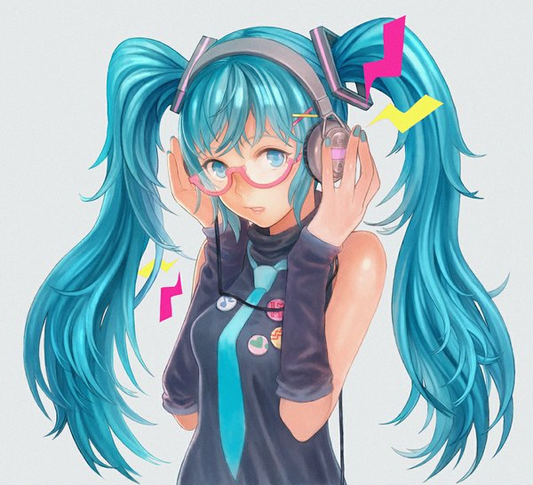 Anime picture 1097x1000 with vocaloid hatsune miku picomaro single long hair looking at viewer open mouth blue eyes simple background twintails bare shoulders blue hair nail polish girl hair ornament detached sleeves glasses necktie headphones bobby pin
