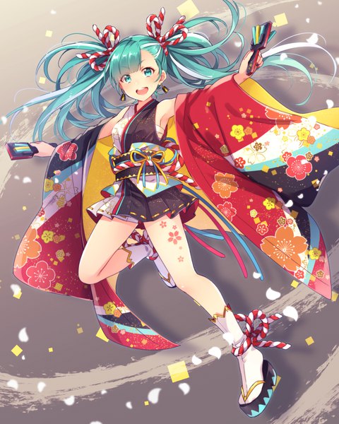 Anime-Bild 800x1000 mit vocaloid hatsune miku sakou mochi single long hair tall image fringe open mouth twintails full body bent knee (knees) traditional clothes :d japanese clothes aqua eyes aqua hair teeth floral print spread arms girl