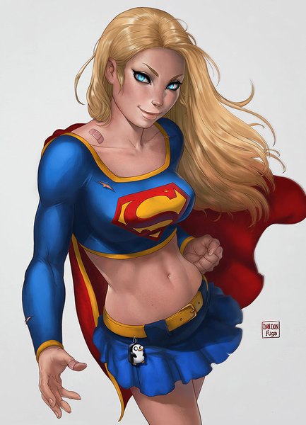 Anime picture 700x969 with dc comics supergirl dandon fuga single long hair tall image looking at viewer breasts blue eyes blonde hair simple background smile realistic grey background bare belly midriff superhero girl skirt miniskirt