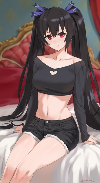 Anime picture 1112x2019 with choujigen game neptune noire sendrawz single long hair tall image looking at viewer blush fringe breasts black hair smile hair between eyes red eyes sitting twintails bare shoulders signed payot indoors