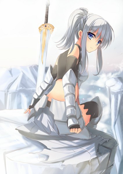 Anime picture 800x1131 with hidan no aria jeanne d'arc (hidan no aria) dreamlight2000 single long hair tall image blue eyes sitting bare shoulders silver hair ponytail light smile girl weapon sword armor