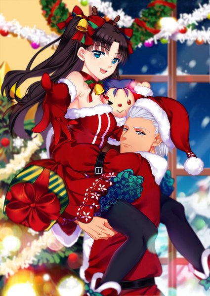 Anime picture 1100x1554 with fate (series) fate/stay night type-moon toosaka rin archer (fate) yaoshi jun single long hair tall image looking at viewer short hair open mouth blue eyes black hair white hair couple hug christmas girl boy