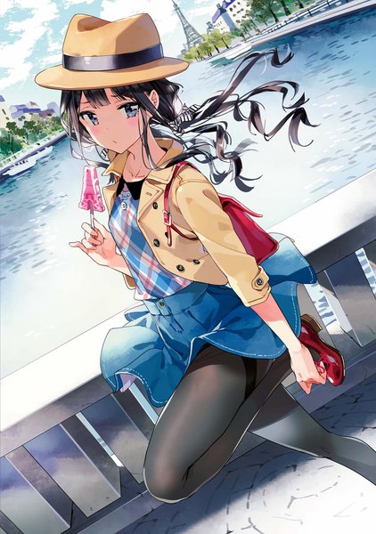 Anime picture 1352x1920 with masamune-kun no revenge silver link adagaki aki tiv single long hair tall image looking at viewer blush fringe blue eyes black hair standing twintails holding sky cloud (clouds) outdoors wind dutch angle
