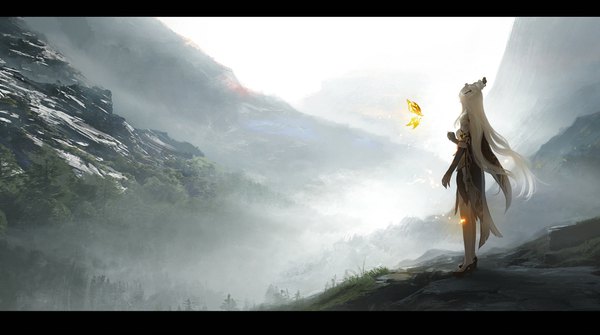 Anime picture 3747x2095 with genshin impact ningguang (genshin impact) crystalfly (genshin impact) anna (drw01) single long hair highres blonde hair wide image standing absurdres full body outdoors letterboxed mountain nature fog girl gloves elbow gloves