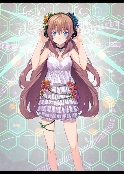 Anime picture 800x1119 with original erubo single long hair tall image looking at viewer blush blue eyes brown hair girl dress flower (flowers) choker headphones sundress