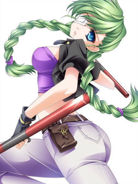 Anime picture 1200x1598 with original moneti (daifuku) single long hair tall image blue eyes simple background white background braid (braids) green hair girl weapon eyepatch