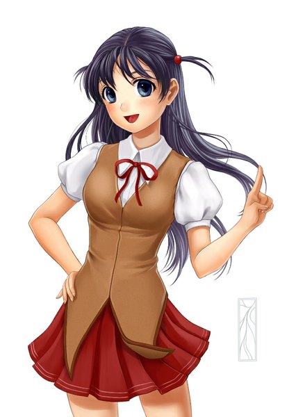 Anime picture 749x1024 with school rumble tsukamoto tenma kotikomori single long hair tall image blush open mouth blue eyes black hair simple background smile white background signed pleated skirt hand on hip watermark girl skirt uniform