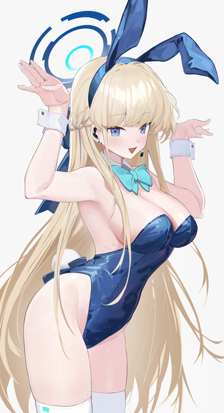 Anime picture 2132x3928 with blue archive toki (blue archive) toki (bunny) (blue archive) oiru (fattyoils) single long hair tall image blush fringe highres breasts open mouth blue eyes light erotic simple background blonde hair smile large breasts white background bare shoulders