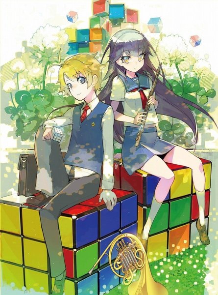 Anime picture 760x1024 with haruchika p.a. works homura chika kamijou haruta namaniku atk long hair tall image looking at viewer fringe short hair black hair blonde hair smile sitting yellow eyes full body ahoge bent knee (knees) black eyes official art