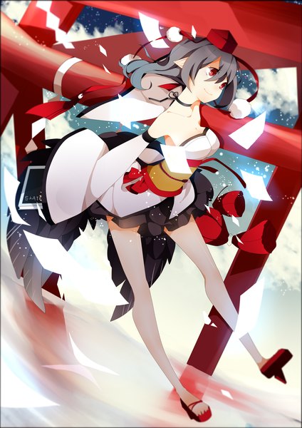 Anime picture 3307x4677 with touhou shameimaru aya kimey single tall image highres short hair black hair smile red eyes bare shoulders looking away absurdres sky cloud (clouds) pointy ears flying black wings adapted costume girl