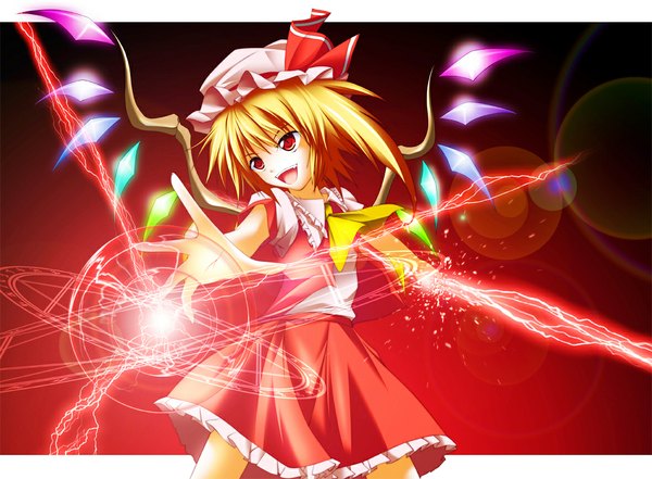 Anime picture 1181x870 with touhou flandre scarlet zb (artist) single short hair open mouth blonde hair red eyes one side up magic lightning girl skirt wings headdress skirt set crystal