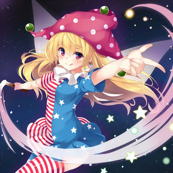 Anime picture 1000x1000 with touhou clownpiece takehana note single long hair looking at viewer blush fringe blonde hair smile hair between eyes red eyes from above spread arms striped polka dot pointing star print alternate legwear girl