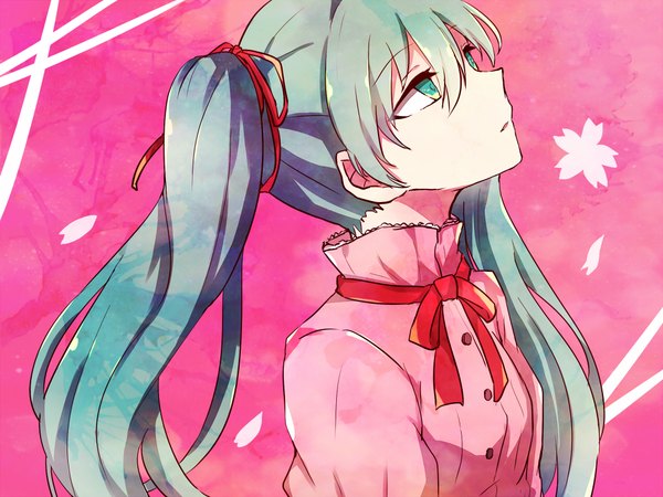 Anime picture 1000x750 with vocaloid hatsune miku ringomaru single long hair simple background twintails profile aqua eyes aqua hair looking up pink background girl ribbon (ribbons) hair ribbon petals