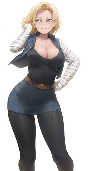 Anime picture 2158x4096 with dragon ball dragon ball z android 18 free style (yohan1754) single tall image blush fringe highres short hair breasts blue eyes light erotic simple background blonde hair smile large breasts standing white background looking away