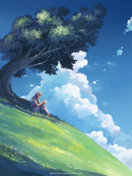 Anime picture 800x1060 with original megatruh single long hair tall image brown hair sitting bare shoulders signed sky cloud (clouds) bent knee (knees) sunlight bare legs shadow girl plant (plants) tree (trees) belt grass