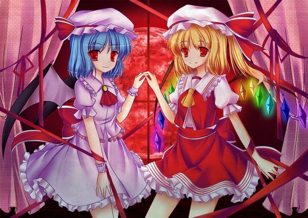 Anime picture 1518x1075 with touhou flandre scarlet remilia scarlet red eyes multiple girls blue hair orange hair one side up holding hands bat wings red moon girl skirt ribbon (ribbons) 2 girls hat wings moon full moon skirt set