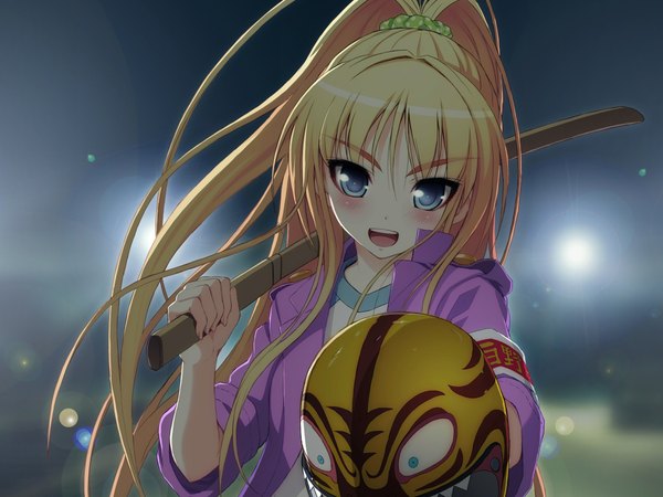 Anime picture 2048x1536 with axanael (game) single long hair looking at viewer blush highres open mouth blue eyes blonde hair smile ponytail girl jacket mask