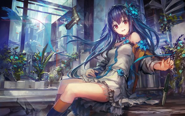 Anime picture 1500x943 with original lm7 (op-center) single long hair looking at viewer blush open mouth red eyes sitting bare shoulders blue hair hair flower girl dress hair ornament flower (flowers) plant (plants) window gun knife