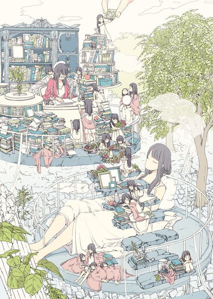 Anime picture 1502x2109 with original hasya long hair tall image fringe black hair sitting multiple girls lying 6+ girls angel wings white wings minigirl crack no nose girl dress plant (plants) wings tree (trees)