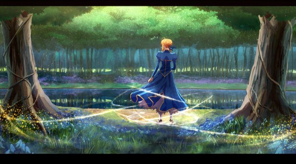 Anime picture 1800x1000 with fate (series) fate/stay night studio deen type-moon artoria pendragon (all) saber ssjraging single highres short hair blonde hair wide image ahoge back river girl dress flower (flowers) ribbon (ribbons) plant (plants)